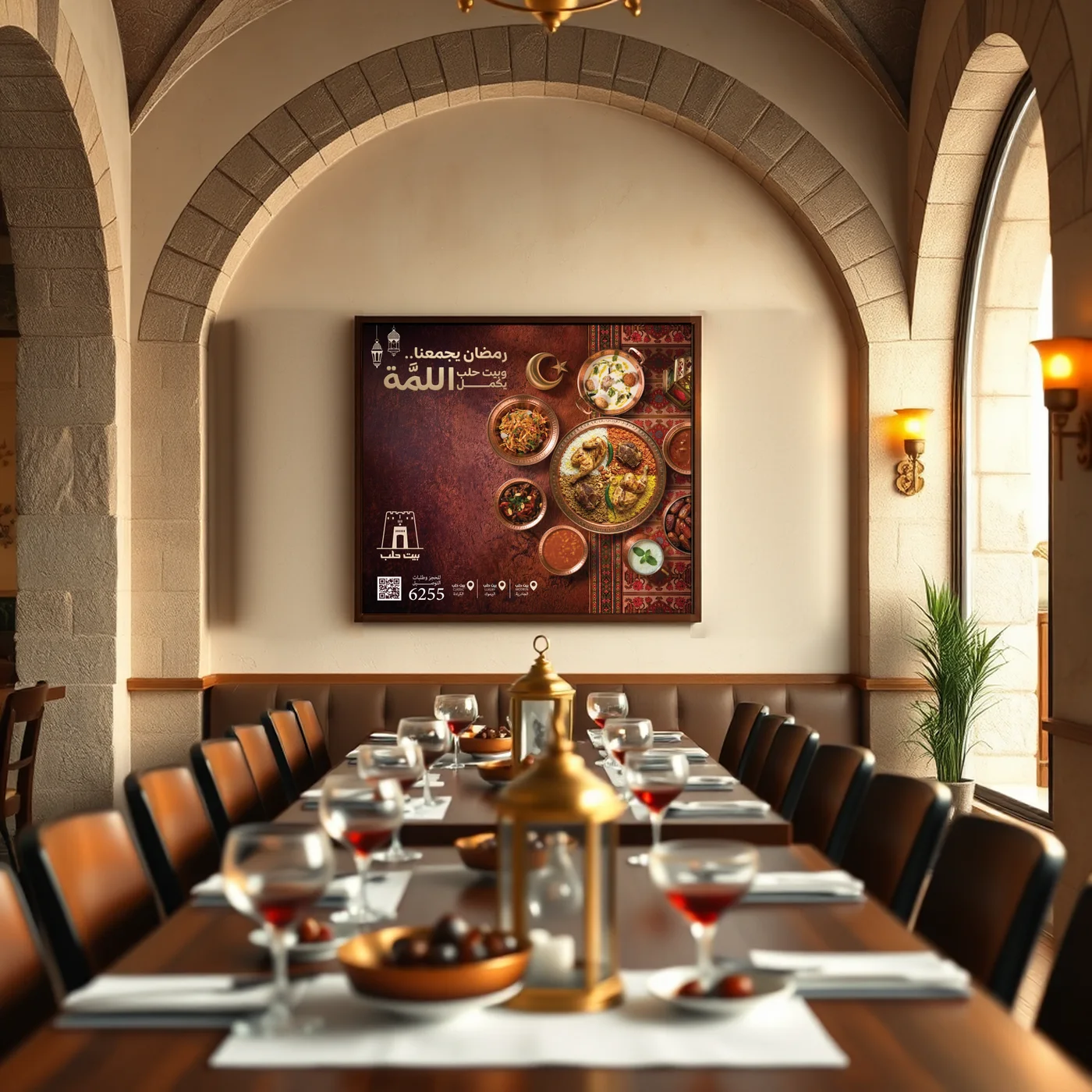 Beit Halab Ramadan in-store flex framed under a stone arch above the dining tables