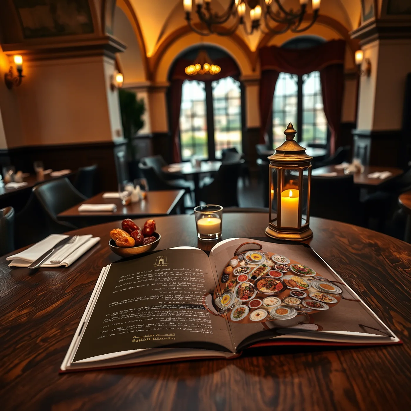 Open magazine with the Beit Halab Ramadan spread on a restaurant table beside a lantern