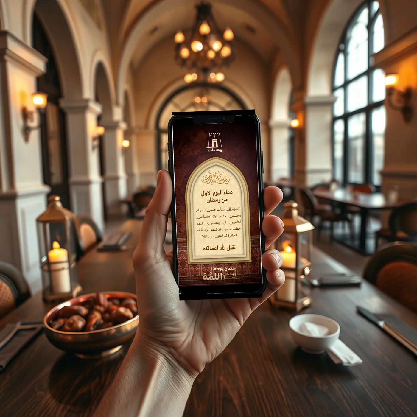 Dua of the day story on a phone held over an iftar table