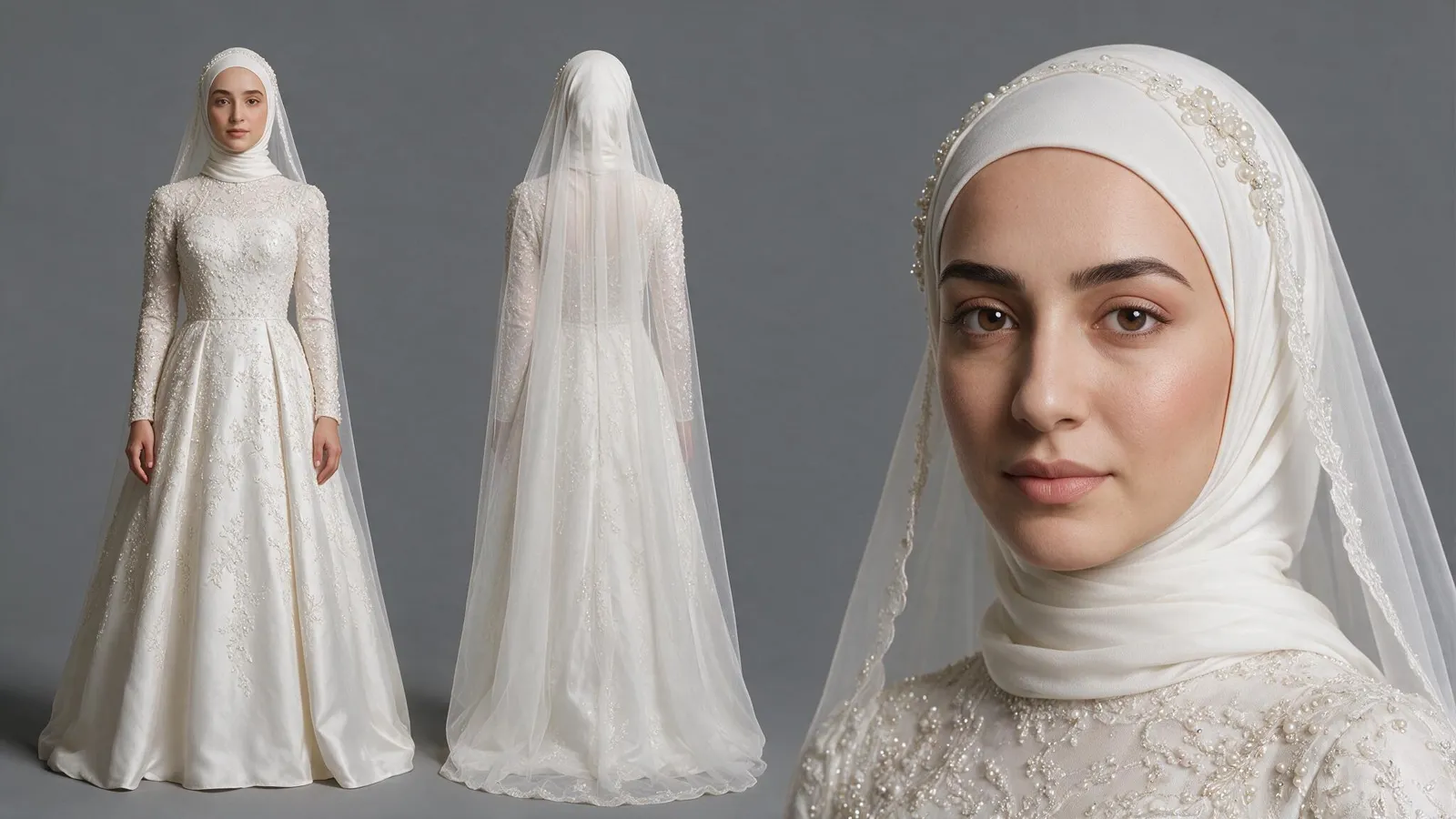 Character sheet of the bride in a white dress and veil: front, back and face