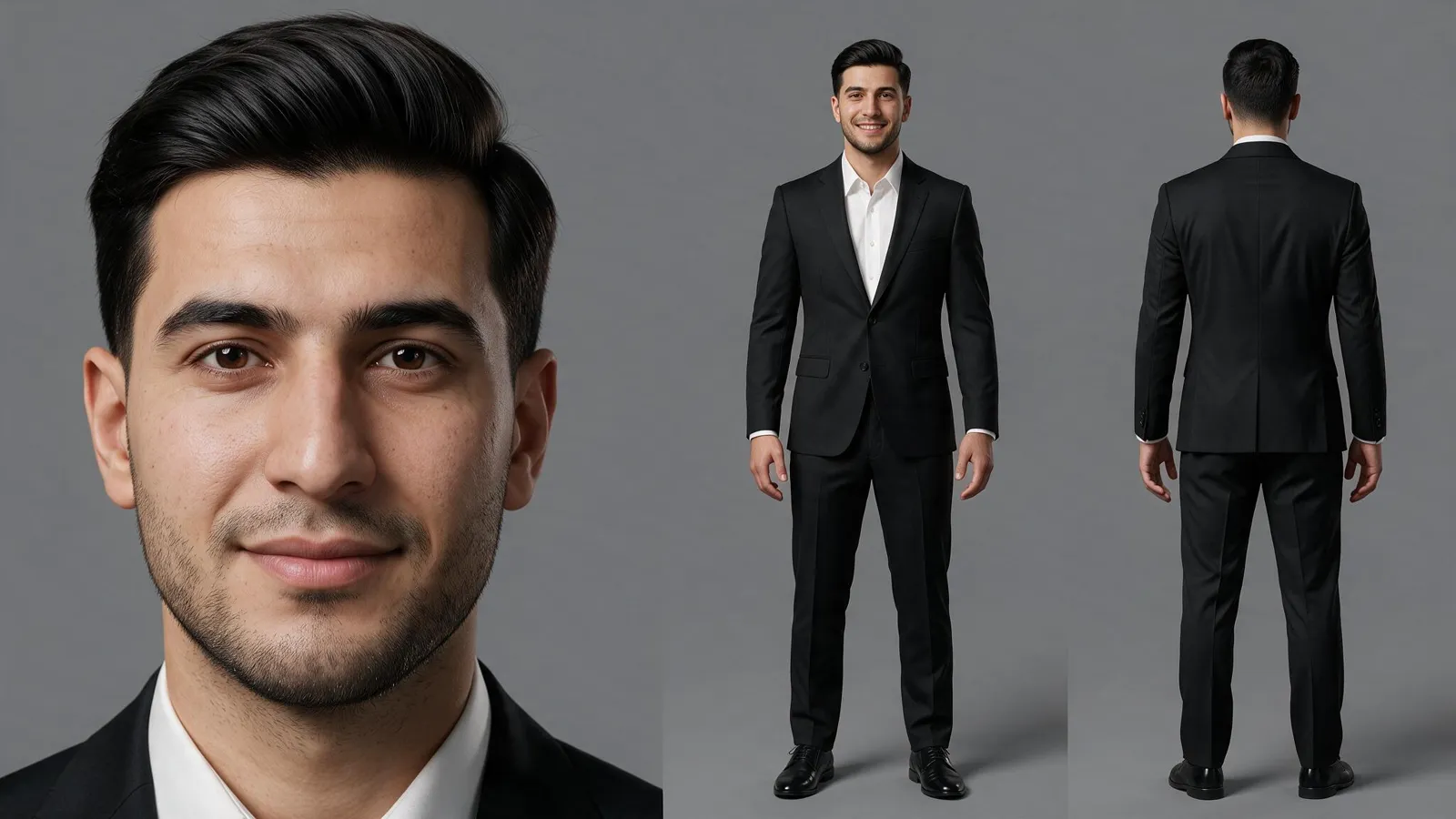 Character sheet of the groom in a black suit: face, front and back views