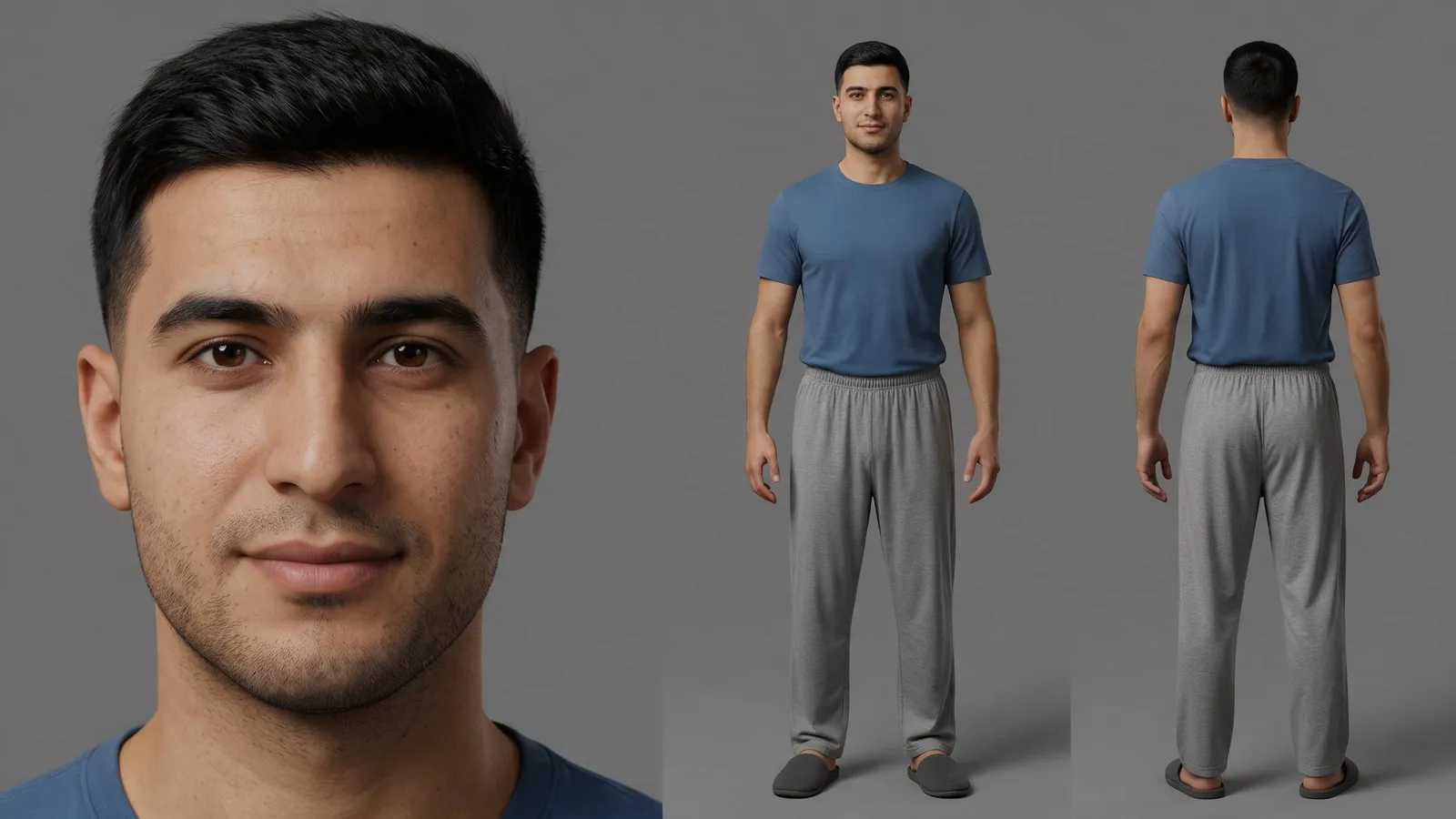 Character sheet of the husband in a blue T-shirt: face, front and back views