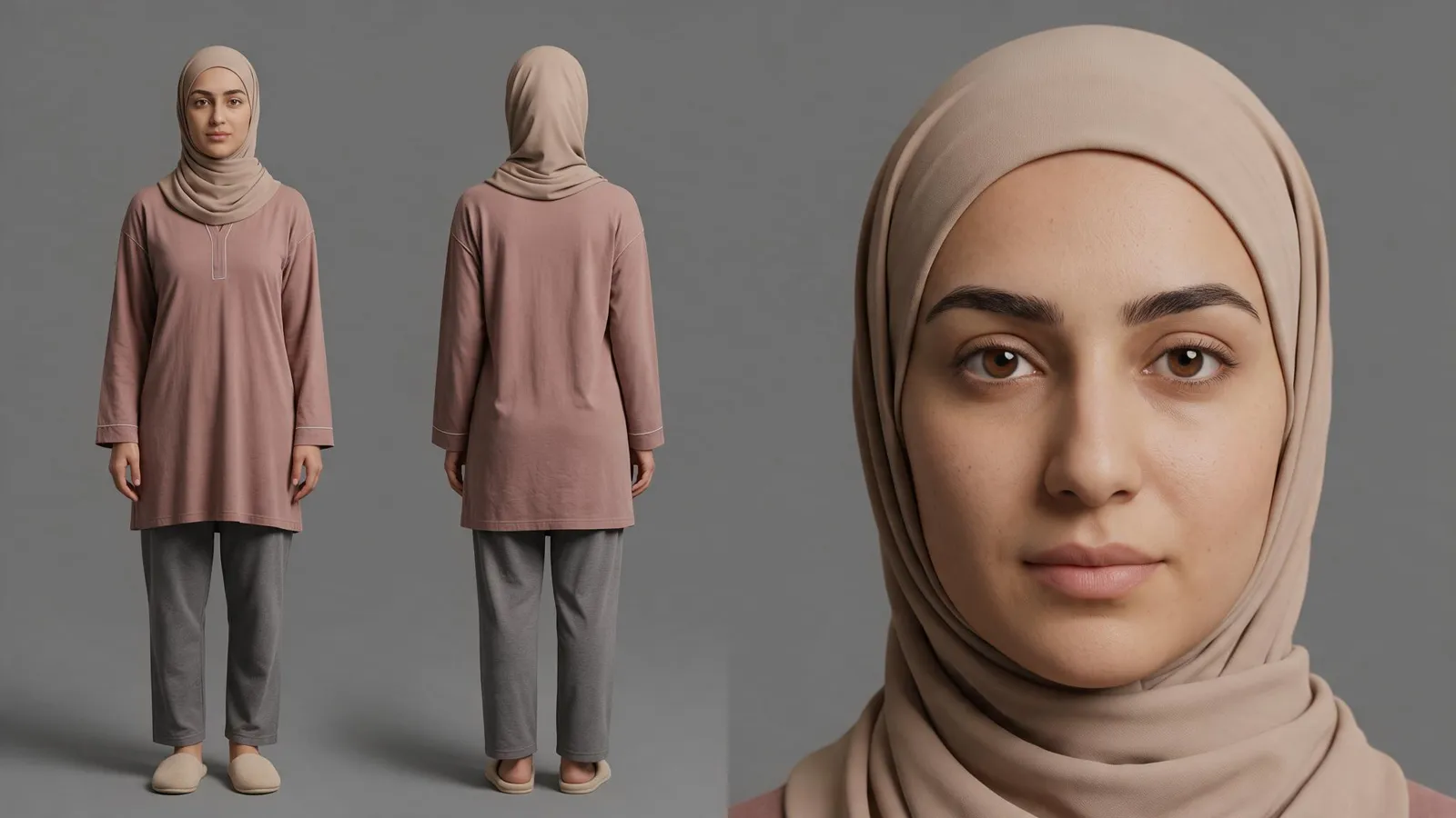 Character sheet of the wife in a pink home outfit: front, back and face