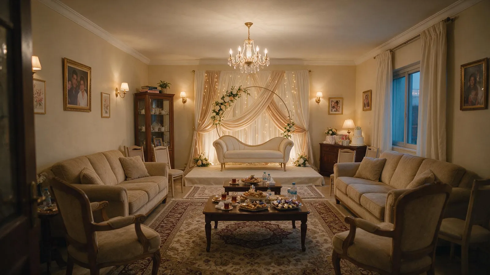 Master image of an empty living room prepared for the wedding scene