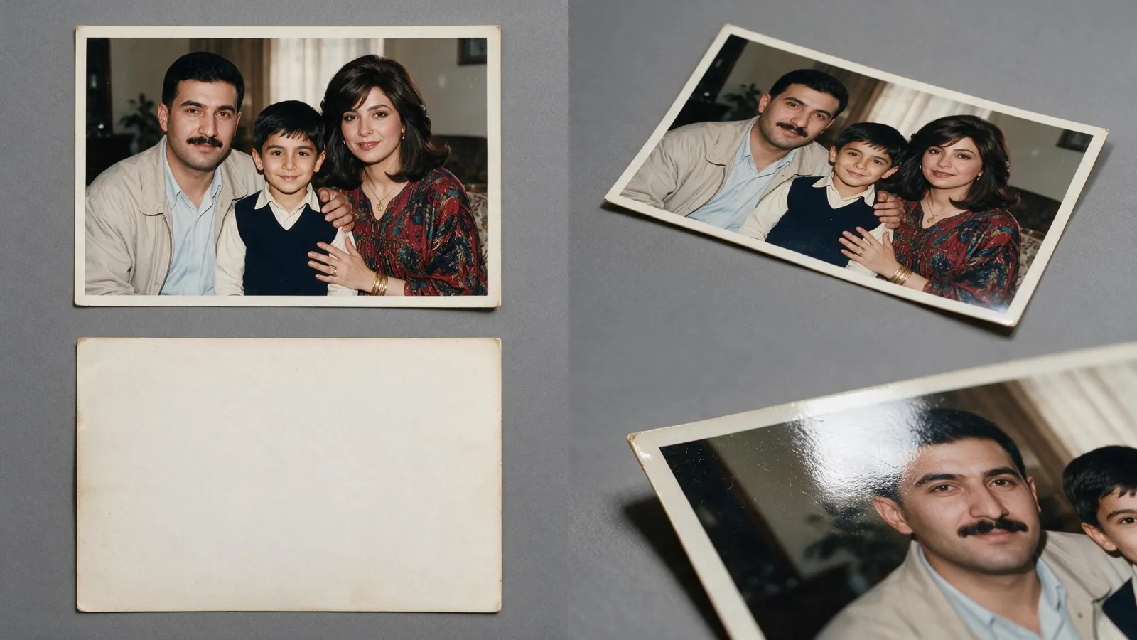 Printed family photographs on a grey background