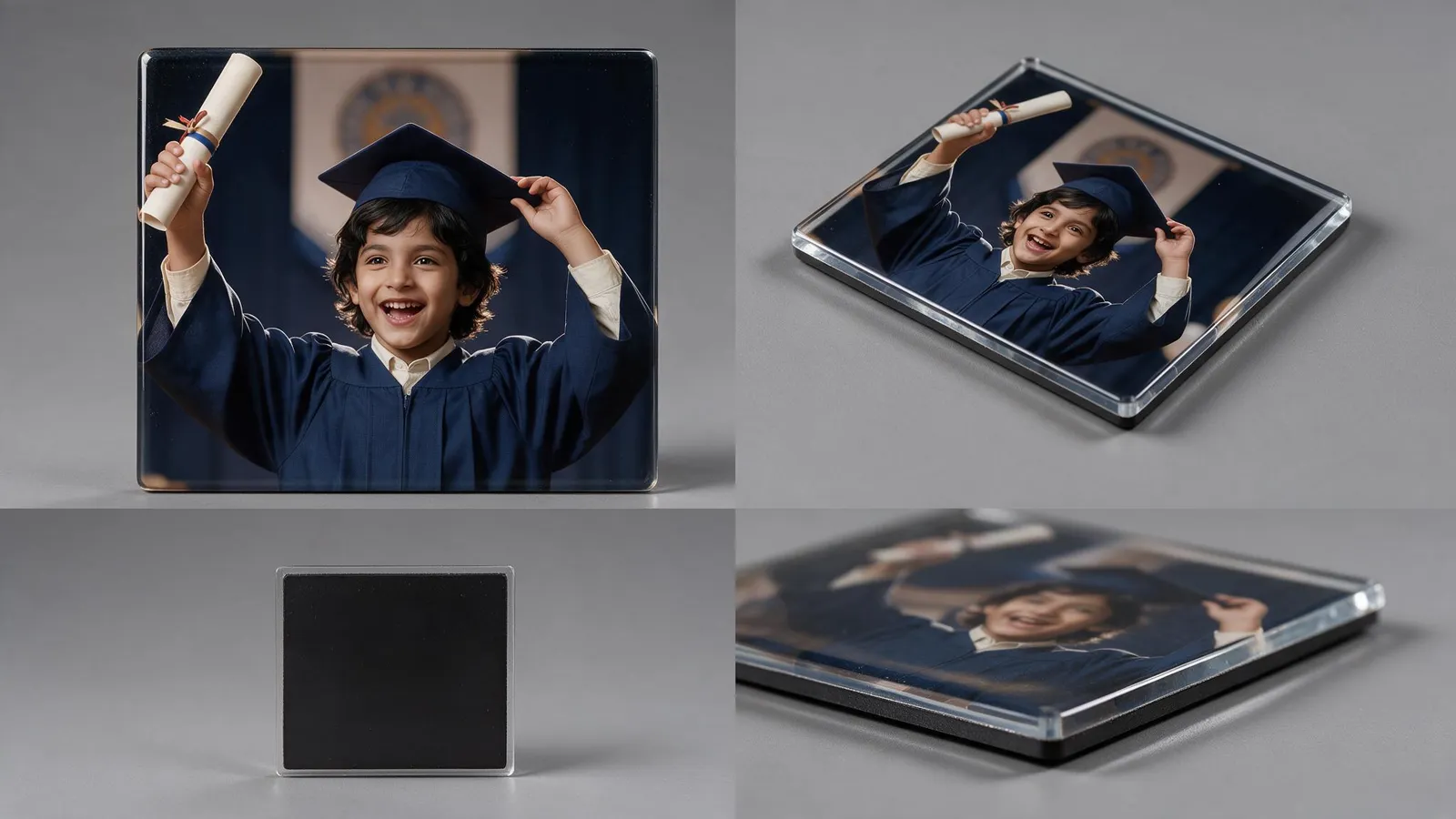 Graduation photo magnet of a child holding a diploma