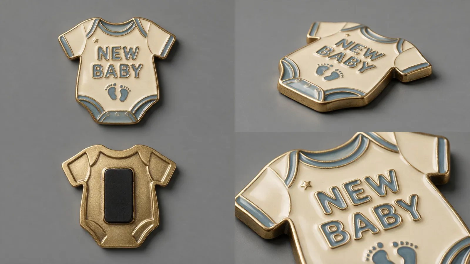 New Baby onesie-shaped magnets in cream and gold