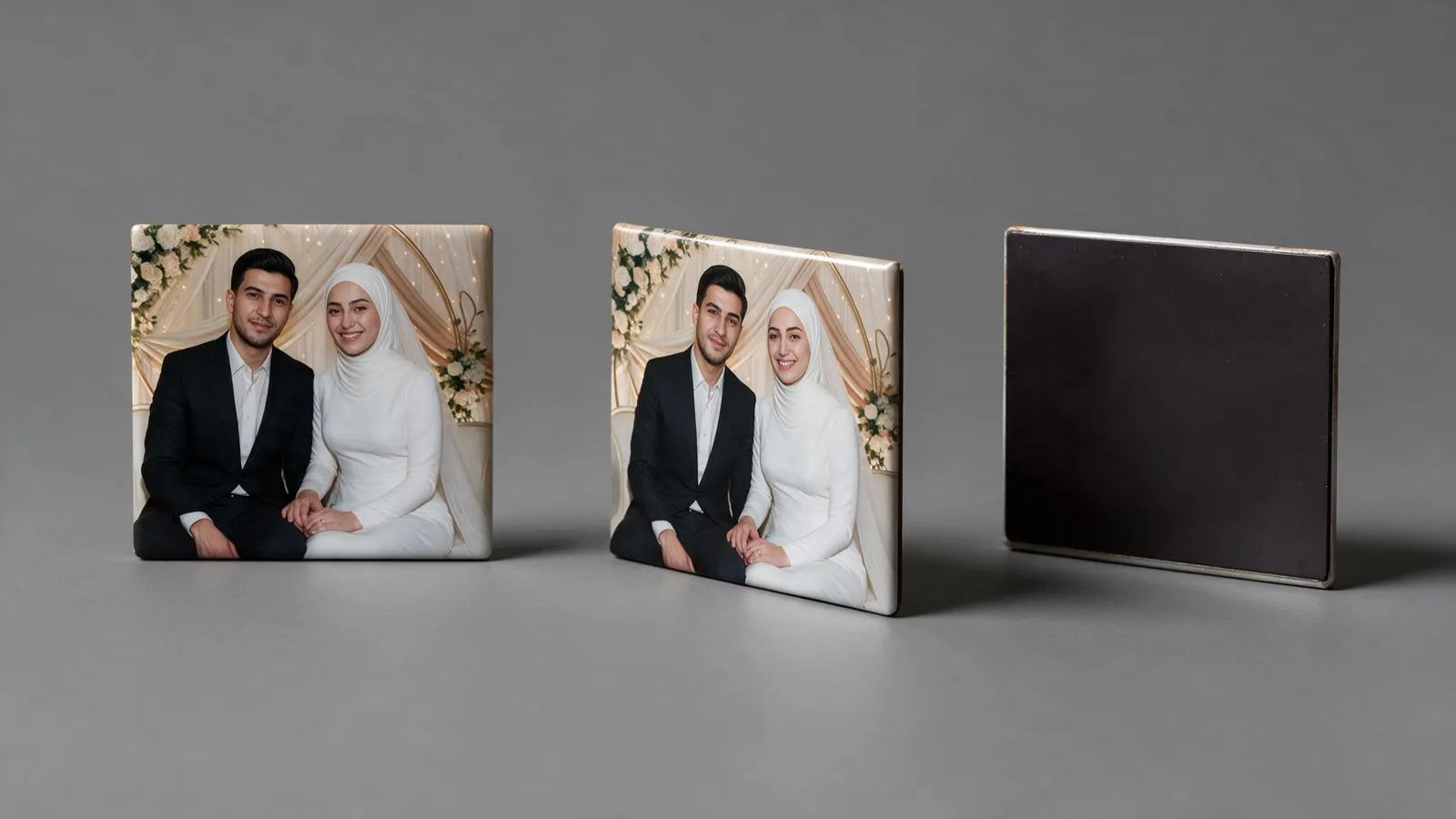 Wedding photo magnet shown from the front, side and back
