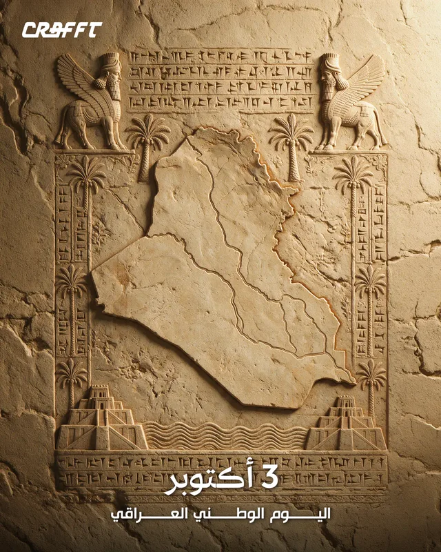 CRAFFT poster for Iraq National Day: the map of Iraq carved in a Mesopotamian stone relief
